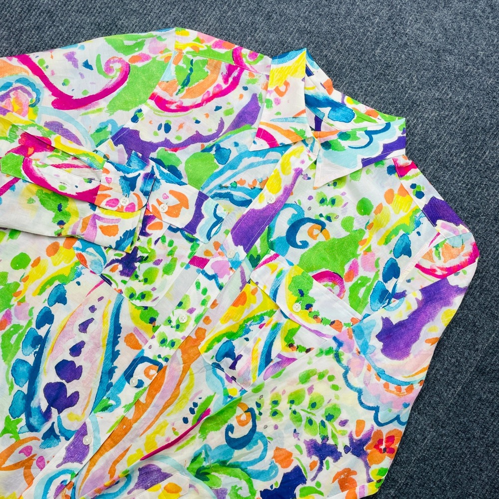 Lauren Ralph Lauren Silk Blend Abstract Paisley Button Down Shirt PM Multi Y2K‎